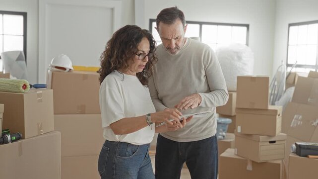 Man and woman holding paint fan, man pointing at color swatches amid packed moving boxes in a building; home planning calm.