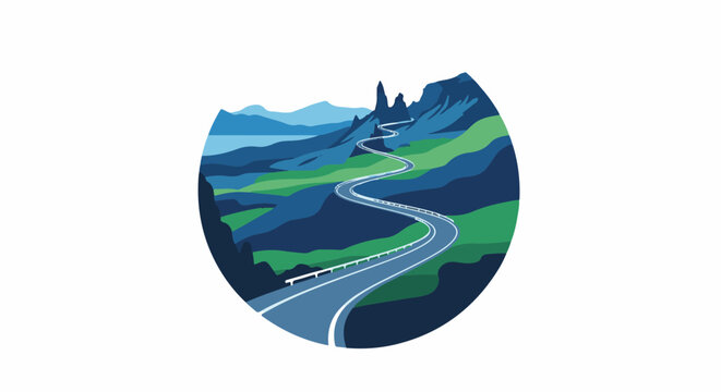 Winding road through a blue and green mountain landscape