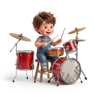 Little boy playing red drum set.