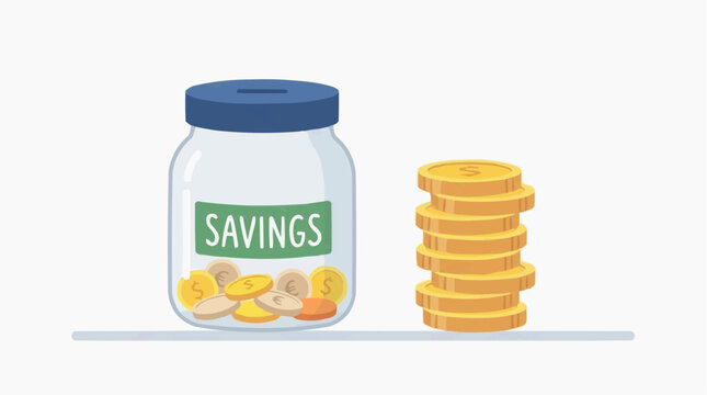 A glass jar labeled Savings is filled with coins, standing next to a neat stack of gold coins, symbolizing financial growth and fiscal prudence.