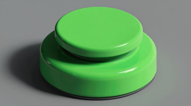 Large green button isolated on a gray background. This simple interface element is perfect for games quizzes or making a decision. It signifies a start or an answer.