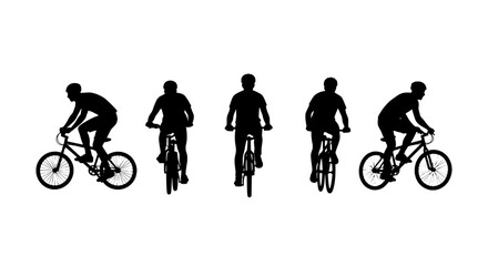 Obraz premium Bikers riding mountain bikes in silhouette style with dynamic poses featuring cycling, sports, outdoor with fitness and exercise elements for