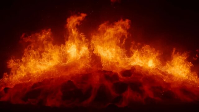 Intense Orange and Yellow Flames Erupting from a Fiery Red Base Against a Dark Black Background with Subtle Sparkles