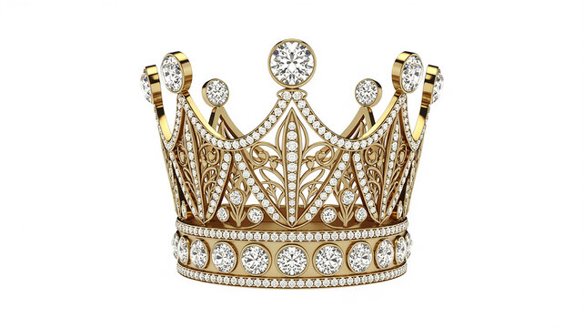 A detailed photograph of an ornate royal crown in gold and diamonds against a pure white background