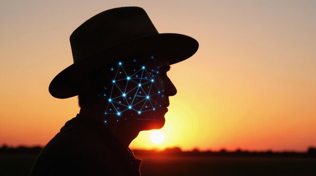 Silhouette farmer wearing hat with digital face overlay watches sunset over rural field. Farm tech innovation, precision agriculture, smart farming concept.