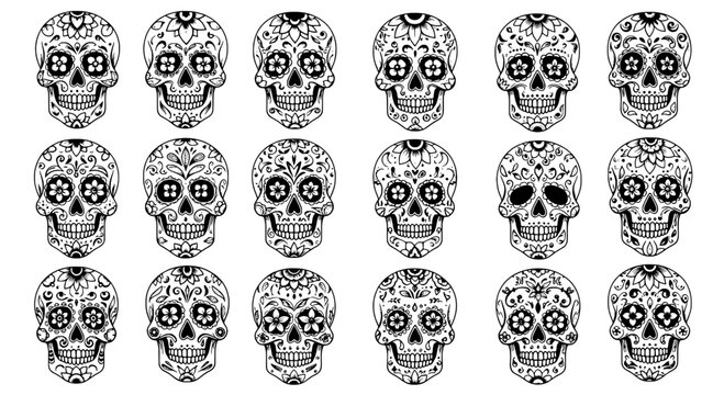 Skull tattoo icons pack with black ornamental linework, vintage sugar skull patterns and symmetrical faces for Halloween design
