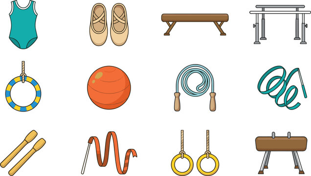 Gymnastics Equipment Icons Set Featuring Leotard Shoes Balance Beam Parallel Bars Rings Rope Ball Clubs and Rhythmic Gymnastics Training Elements.