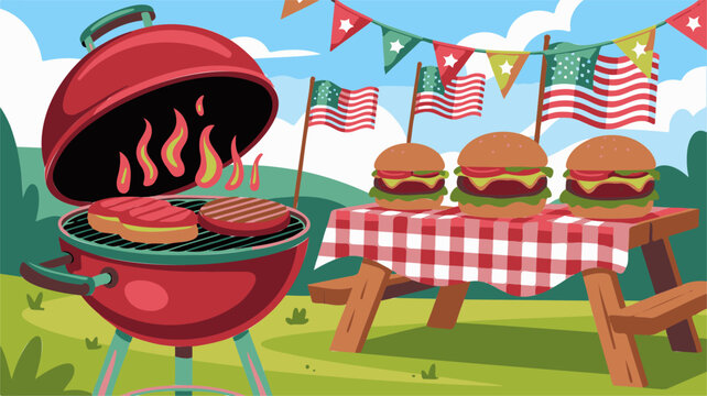 American Fourth of July Backyard BBQ Illustration with Charcoal Grill, Cheeseburgers on Picnic Table, US Flags and Bunting for Independence Day Celebration