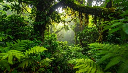 Obraz premium Ancient moss-covered tree branches arch over a mysterious deep jungle floor filled with vibrant ferns and thick tropical vegetation in soft morning light.