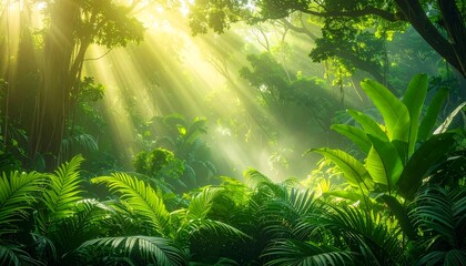 Fototapeta premium Powerful sun rays pierce through the dense canopy of a tropical jungle, highlighting large exotic fern plants and a variety of vibrant green foliage.