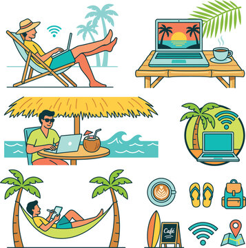 Digital nomad lifestyle illustration set with people working on laptops from tropical beach under palm trees icons.