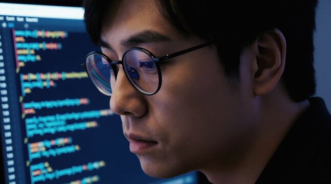 Young asian man programmer wears glasses, focuses intently on computer screen displaying lines of code. He works late at night on software development project in dark office.