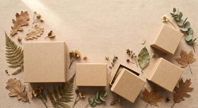 Top view of sustainable eco friendly packaging mockup with cardboard boxes and envelope on beige background