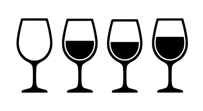 Wine glasses set with varying levels of wine in each glass featuring drink, alcohol, beverage with glassware and collection elements for icons, black