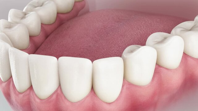 Dynamic flow of active liquid cleans and whitens the teeth. Oral care concept. 3d animation