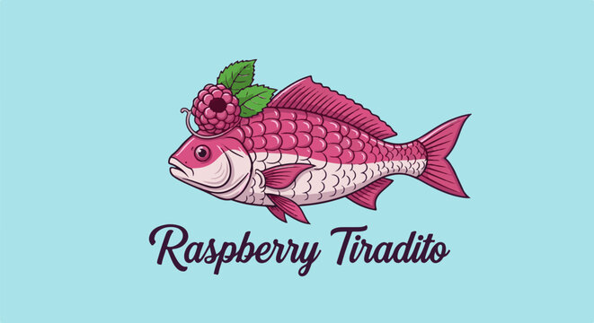 Whimsical pink fish adorned with a raspberry and leaves, wearing spectacles