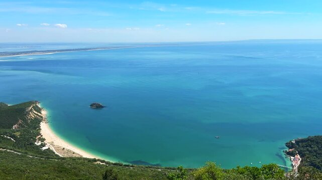 Panoramic aerial view of Arrabida beach. Rocky seascape. Creiro beach. Setubal region, Atlantic Ocean, Portugal