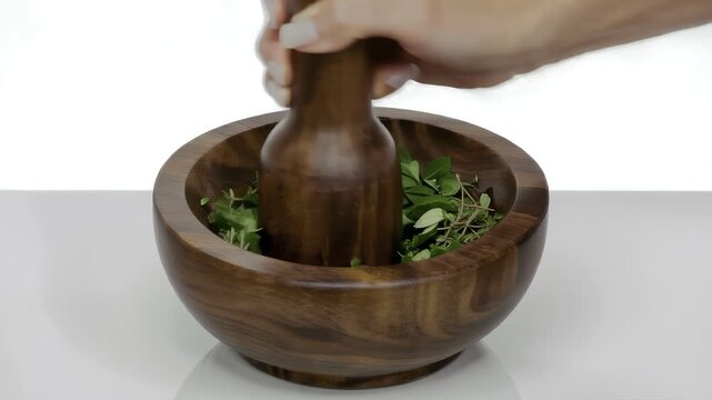 Hand using a wooden pestle to grind fresh herbs and spices in a rustic mortar on a white surface