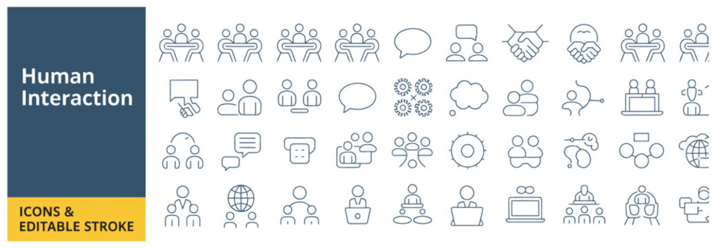 Human interaction line icon set for business meetings and digital communication flow