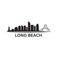 Obraz premium Long beach skyline silhouette with lighthouse and bridge on white background