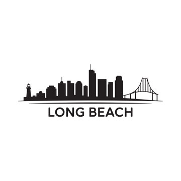 Long beach skyline silhouette with lighthouse and bridge on white background