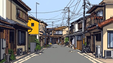 Fototapeta premium Pixel Art Japanese Residential Town Street Scene