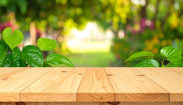 Empty wooden tabletop with lush green betel leaves and a soft blurred natural garden background. Perfect for product display or food mockup template