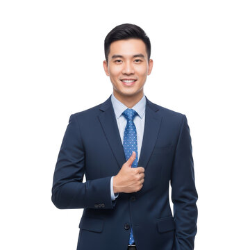 Professional man in dark suit smiling confidently with thumbs up