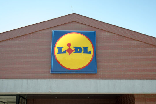 The Lidl brand logo at the entrance of the store.