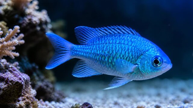Bright blue tropical fish swimming in marine aquarium with coral and sand, showing underwater wildlife, aquatic hobby, pet care, ocean ecology, and decorative tank environment.