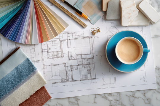 Overhead flat lay of home renovation planning tools, blueprints ruler paint swatches fabric samples and coffee cup, organized creative chaos, top-down editorial