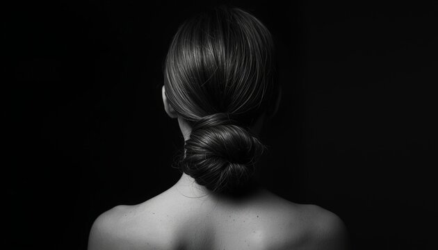 This is a black and white photo of a woman with her back to the camera