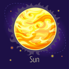 Bright round sticker with the Sun. Central star of the solar system, space and astronomy theme. Vector illustration on dark background © Euler
