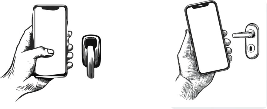 A hand holds a generic smartphone near a car door handle in a monochrome line art style with intricate cross-hatching and stippling for texture on a pure white background