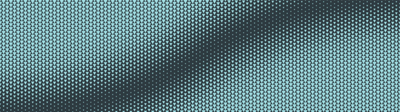 Cyan triangles grid halftone pattern diagonal curved structure ultra wide 32:9 aspect ratio vector conceptual abstract background. Half tone ultrawide format retro futuristic style graphic abstraction