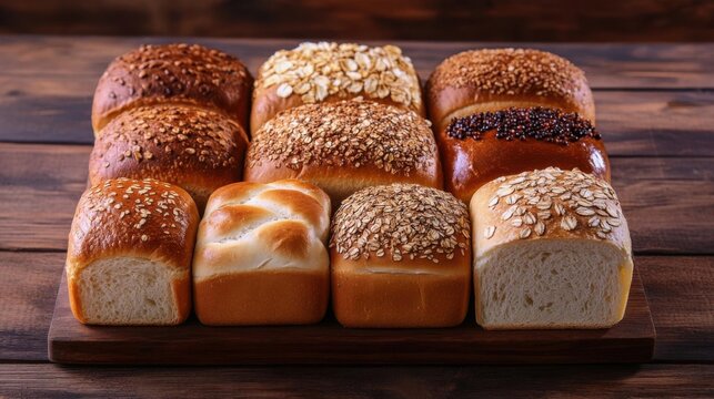Assorted Artisanal Grain Topped Bread Loaves on Wooden Serving Board