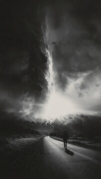 Viandante solitario su strada verso tempesta monumentale