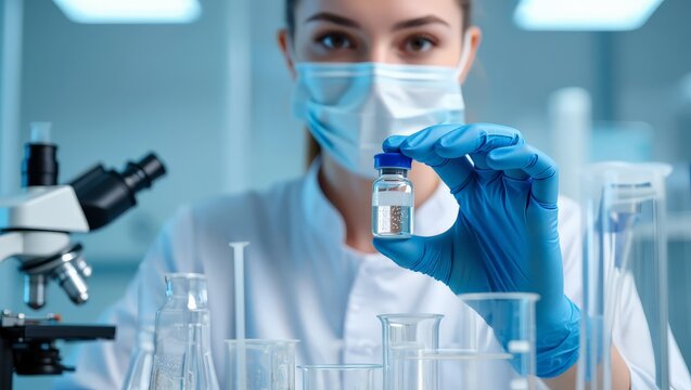 A scientist in a lab setting handles a vial of liquid with care, surrounded by various pieces of equipment and glassware, highlighting a moment of precise analysis or experimentation in a medical or
