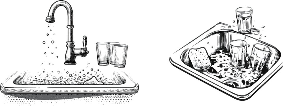 A vintage monochrome line art illustration depicts a messy kitchen sink with a generic unbranded sponge and two plain glasses, capturing an honest domestic chore in crisp high resolution drawing style