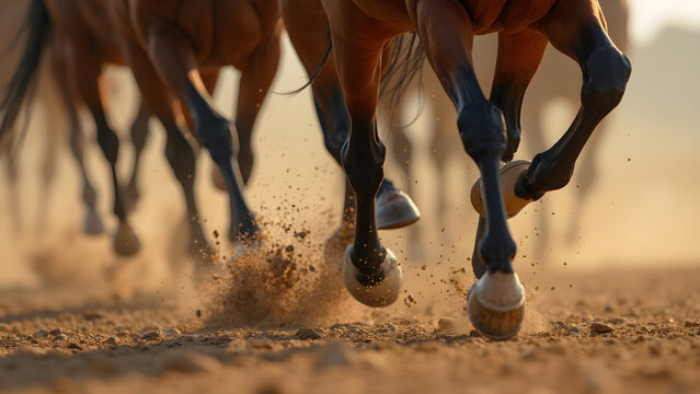 Thundering hooves in a horse race. Close-up action shots of racing horses. Capturing the power and speed of horses. Exciting moments in horse racing photography.
