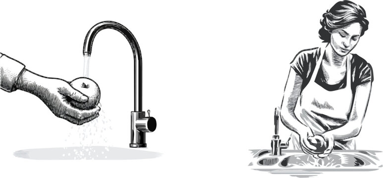 A person in plain clothes rinses an apple under a kitchen sink faucet, capturing the essence of an honest domestic moment with intricate black-and-white details