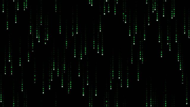 Matrix digital rain effect with falling green binary code symbols on black background