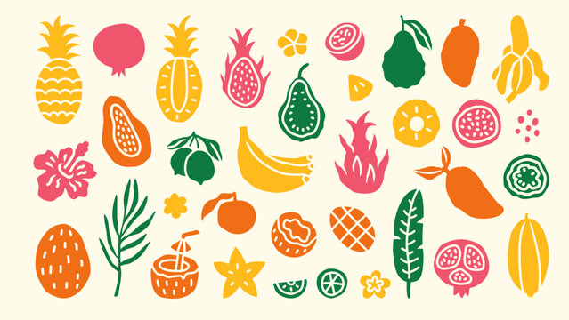 Tropical Fruits Abstract Shapes Set. Colorful minimal silhouettes with exotic food drink and floral elements. Modern flat decorative collection with fresh summer aesthetic. Vector illustration