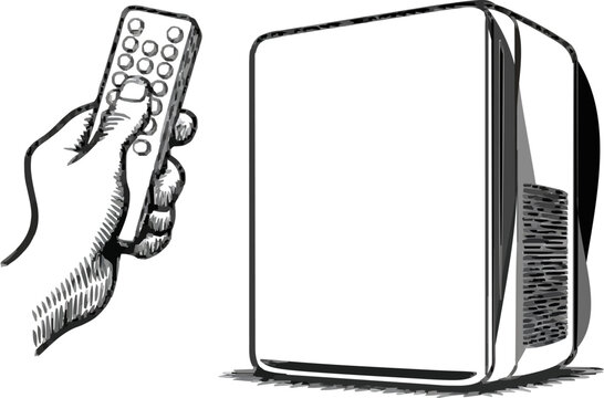 A hand delicately holds an unbranded remote control, poised to adjust the settings on a plain air purifier in a meticulously detailed, monochrome line art depiction of everyday life