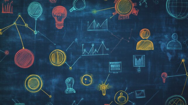 Abstract doodle pattern of business icons on a dark background
