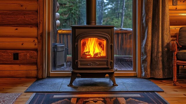 Cozy wood stove in a log cabin.  View of woods through large window