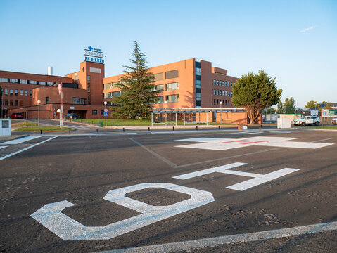 Ponferrada, Leon, Spain, 09-04-2025: View from the helipad of the El Bierzo University Hospital (HUBI), a healthcare center located in the city of Ponferrada and belonging to the SACYL