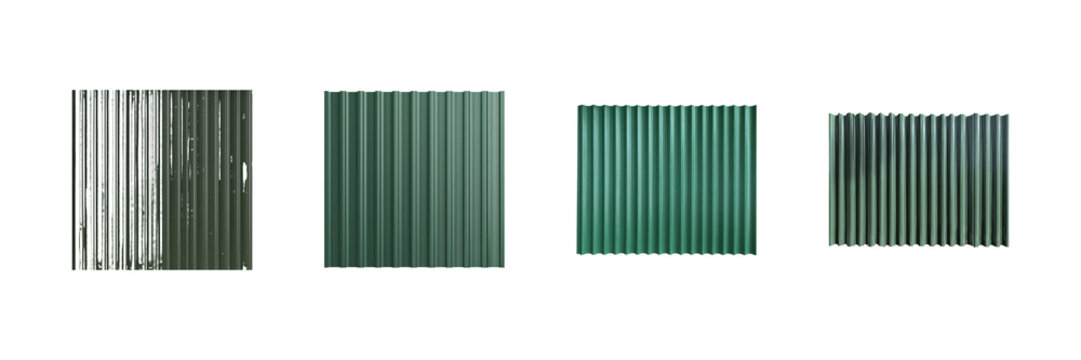 Corrugated Metal Panels Set. Industrial Roofing And Siding Solutions Collection Isolated On Transparent Background