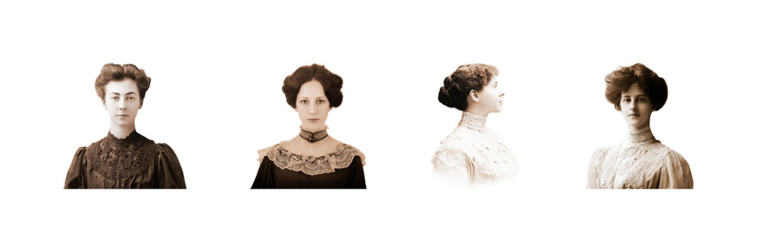 Vintage Edwardian Women Portraits Set. Historical Fashion And Elegance Collection Isolated On Transparent Background