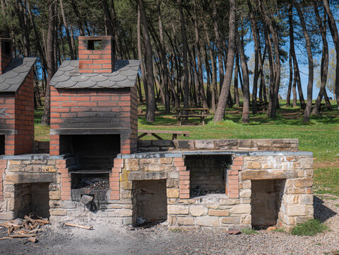 Construction made of bricks for outdoor barbecues with evident signs of use due to the black color caused by fire in the bricks, located dangerously close to tall pine trees (pinus)